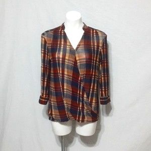 Bailey & Chloe Plaid Crossover Surplice Wrap Top Multicolor Blouse Small Casual